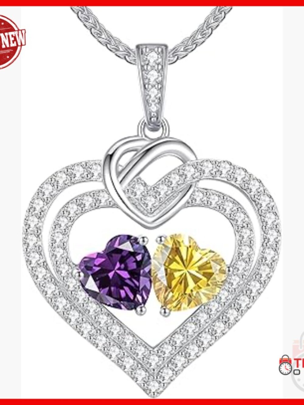 Sterling Silver Double Heart Birthstone Necklace, 20" Adjustable Chain